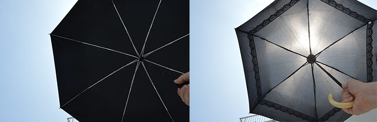 一般的な日傘と男前日傘をそれぞれ日差しに向けて透け具合を確認中。