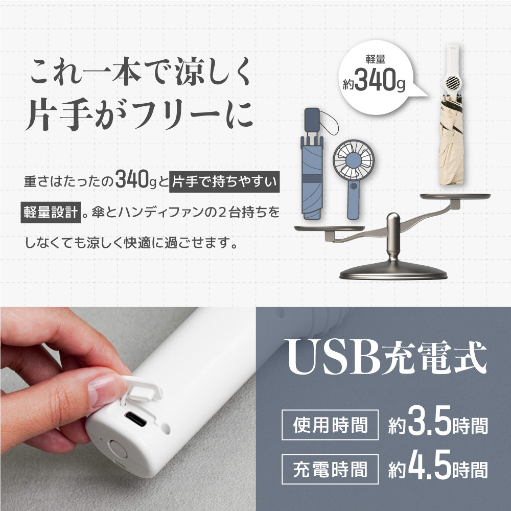 ファン付き 折りたたみ傘 日傘 ファンブレラ POLE TKFA25SGY ファンが入った涼しい日傘「ファンブレラ POLE」 ※若干数ですが
