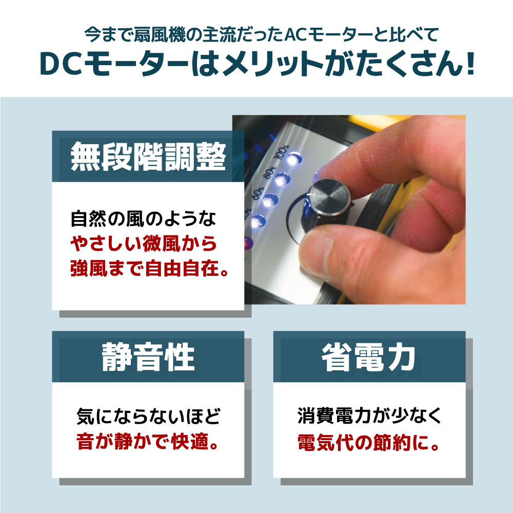 そよ風から強風まで風量調節できる「DCモーター40cm大型扇風機 