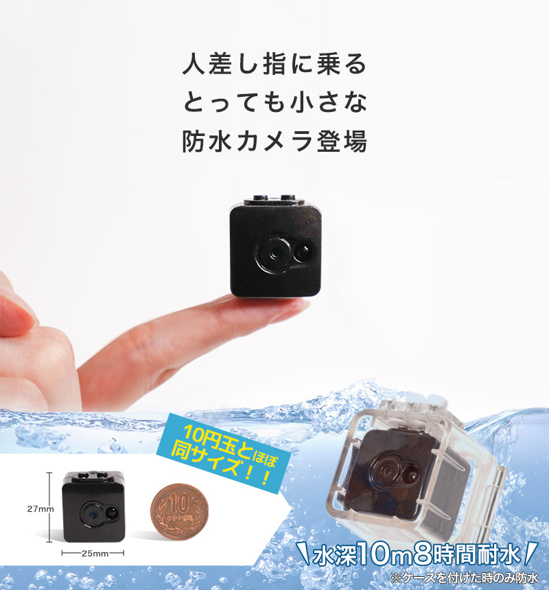 指でつまめるほどの小さな、ミニミニサイズのサイコロのような小型カメラです。