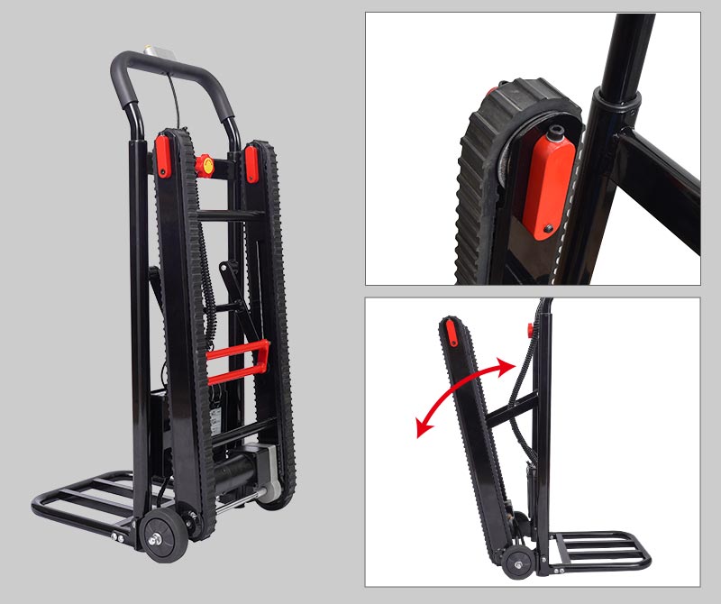 階段を安全に昇り降りする電動走行ベルトと伸縮ハンドル