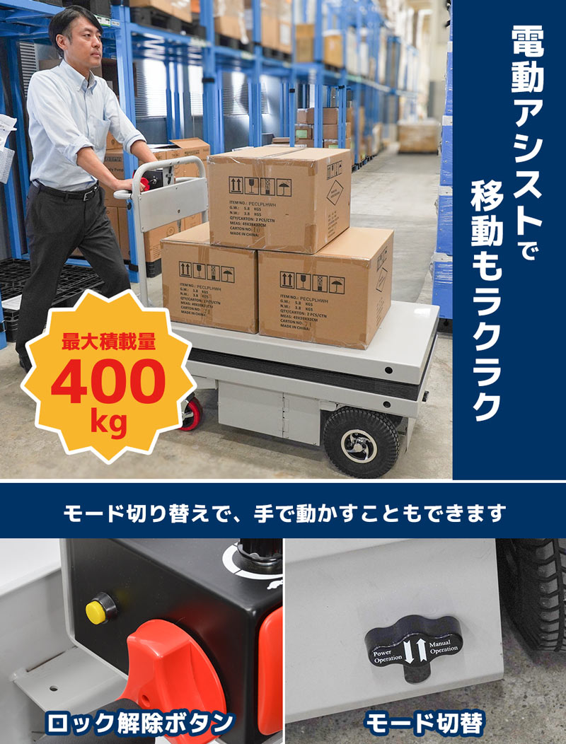 重い荷物の運搬作業に電動アシスト台車