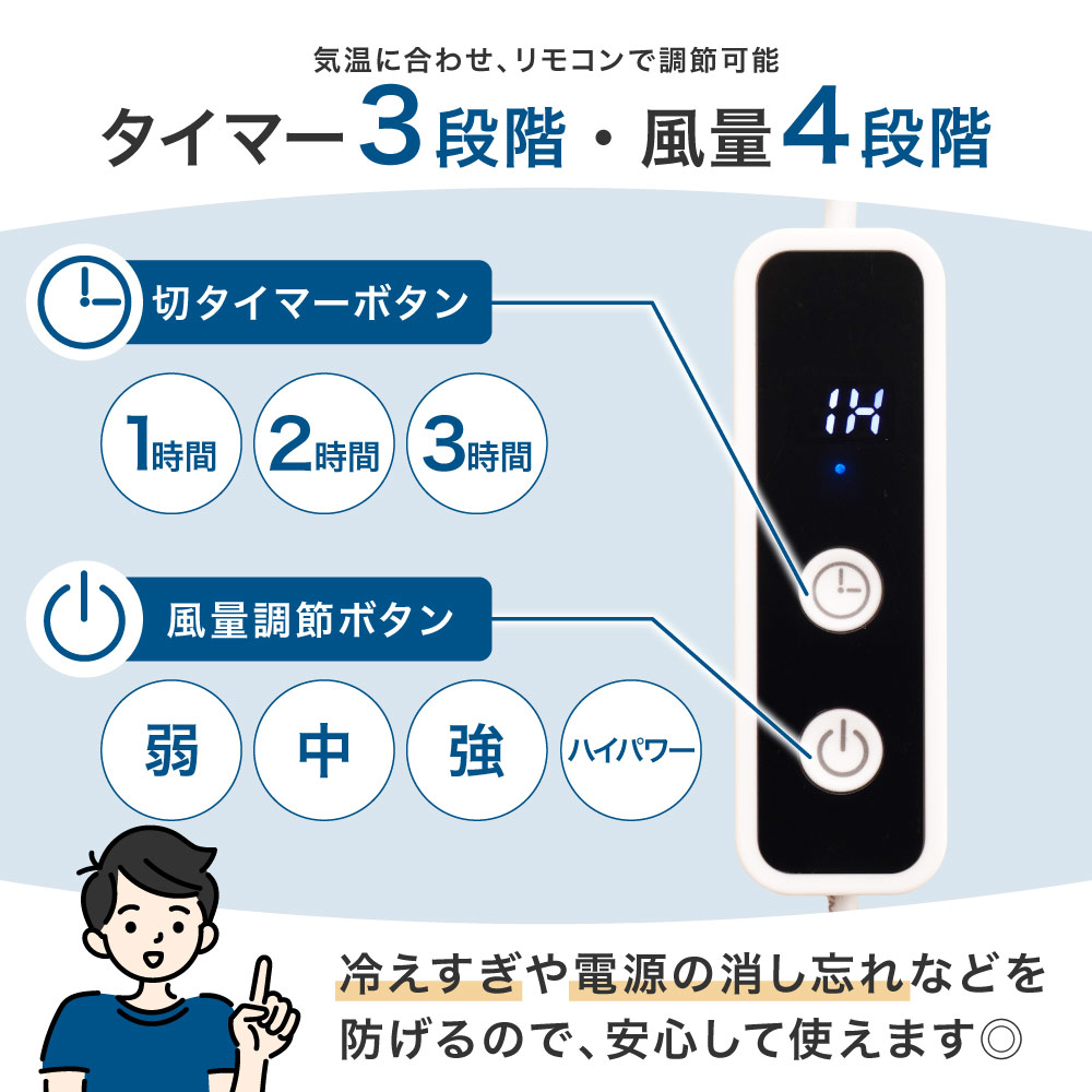 使い方カンタン！切タイマーは3段階、風量は4段階の調節が可能