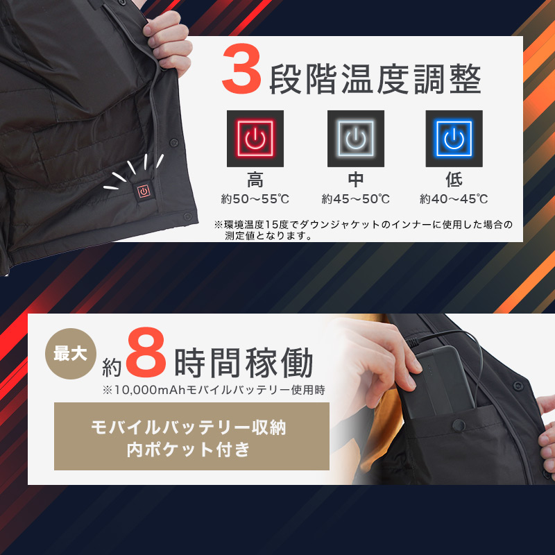 温度調整3段階・モバイルバッテリーポケット付き