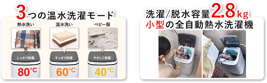 3つの温水洗濯モード