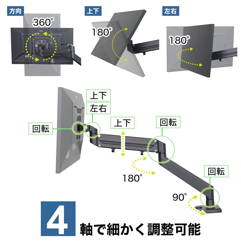 ガスショック式でスムーズに動かせるモニターアーム