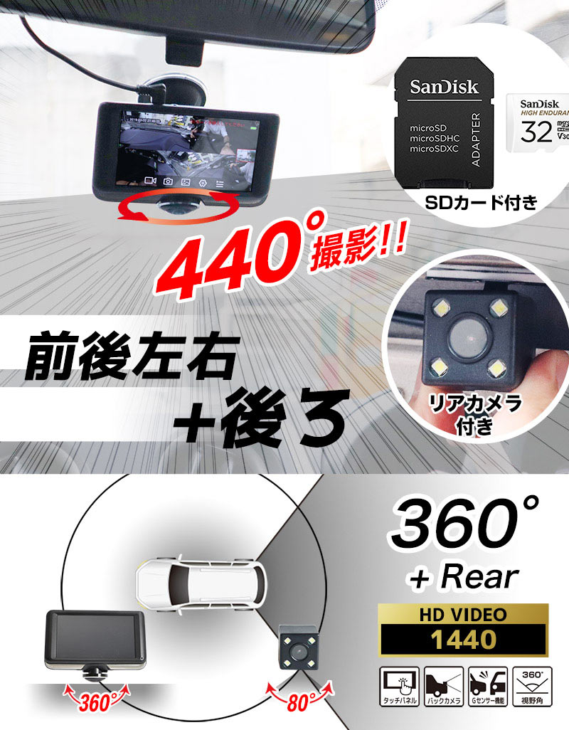 5インチ360度ドライブレコーダー＆リアカメラ microSDカード32GB付 
